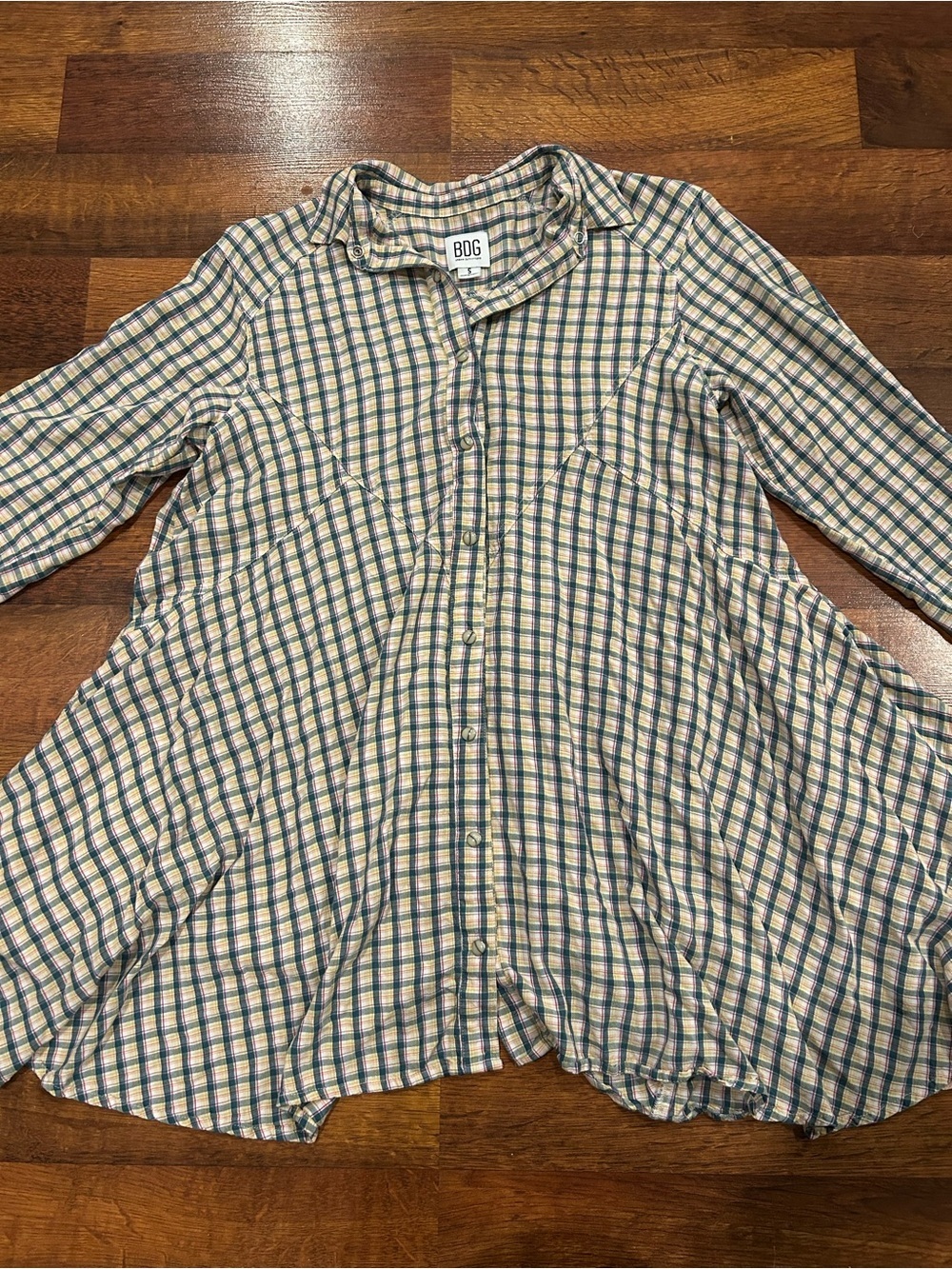 BDG Green and Cream Plaid Long Sleeve Button Up Tunic/Shirt Dress Size Small